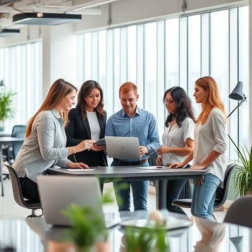 A group of diverse professionals working collaboratively in a modern office setting, representing the Aetheria Communications team.